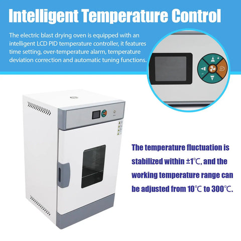 Horizontal Electric Blast Drying Oven Built Tough As Nails For Daily Lab Heating Featuring Rust Resistant Finish Coat And Spotless Stainless Chamber Premium Quality Construction Guaranteed with LCD PID controller.