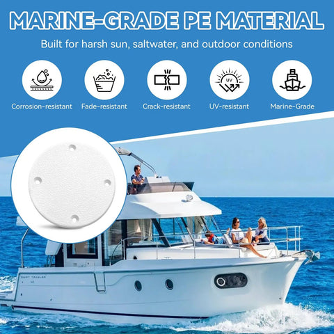 Slick Marine Deck Patch Round Access Hole Cover 4-1/8 Inch shows boat with deck cover highlighting marine-grade PE material.