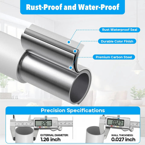 Ultra Long Tension Curtain Rod 41 To 185 Inches No Drilling Install For Patio Windows And Room Dividers One Touch Telescopic Rod White Never Rust Outdoor Curtain Rods For Easy Mount, showing close-up of rust-proof steel with specifications.
