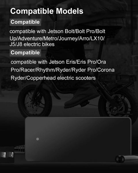 42V DC Charger For Jetson Electric Bikes And Scooters, 100-240V AC Input, 2A Max Output, compatible models list
