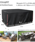 Waterproof 600D Heavy Duty Outdoor Furniture Cover for 6 To 8 Piece Patio Sets Including Sectional Sofa Chairs Ottomans and Coffee Table 111L 74W 28H Inches Black All Weather Protection covering patio furniture