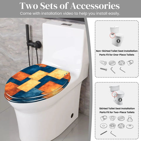 Elongated Toilet Seat for Bathroom featuring colorful checkered design, suitable for various toilet types with installation accessories.