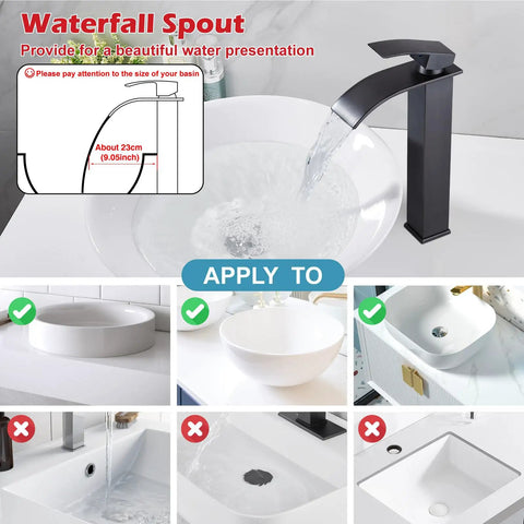 Oil rubbed bronze waterfall faucet with vessel sink, tall modern design, single handle, pop up drain compatibility