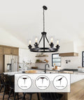 Six Light Farmhouse Wagon Wheel Chandelier Pendant Light Fixture In Matte Black for kitchen with adjustable height