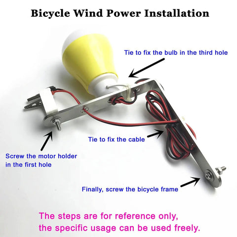 DIY Wind Turbine Kit For Teaching And Science Projects, Hands-On Tiny DC Motor Generator, Micro Wind Turbine With Fan Blades And LED Light, Power Generation Demo For Classrooms And Makerspaces showing bicycle wind power installation setup.
