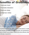 Woman sleeping peacefully with benefits of grounding text, focus on Bed Grounding Mat Kit For Better Sleep And Stress Relief, cozy sleepwear