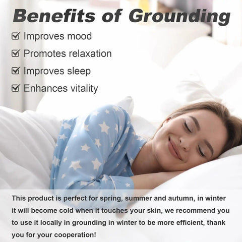 Woman sleeping peacefully with benefits of grounding text, focus on Bed Grounding Mat Kit For Better Sleep And Stress Relief, cozy sleepwear