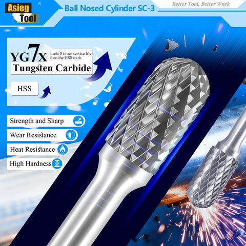 Heavy Duty Tungsten Carbide Burr Rotary File Ball Nose Cylindrical Double Cut Die Grinder Bit, 1/4 Inch Shank, 3/8 Inch Cutter