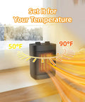 Compact 1500W Ceramic Space Heater With Thermostat Dual Heat Settings in use near window, illustrating temperature control range.