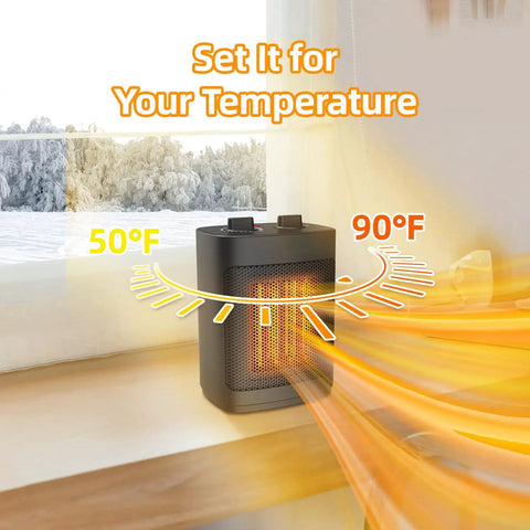 Compact 1500W Ceramic Space Heater With Thermostat Dual Heat Settings in use near window, illustrating temperature control range.