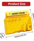 Lockout Tagout Station Kit With Lockable Cover For Wall Mount Storage Includes 5 Safety Padlocks 2 Hasps 20 Lockout Tags 20 Nylon Ties 1 Pen OSHA Compliant, shown in yellow with dimensions labeled.