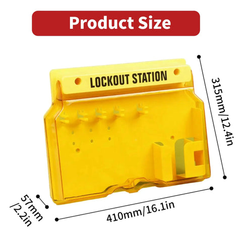 Lockout Tagout Station Kit With Lockable Cover For Wall Mount Storage Includes 5 Safety Padlocks 2 Hasps 20 Lockout Tags 20 Nylon Ties 1 Pen OSHA Compliant, shown in yellow with dimensions labeled.