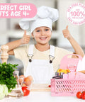 Suhctuptx toddler knife set toy with kid-safe knives and pink cutting board, front view