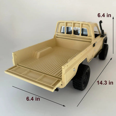 Rear view of Toyota Land Cruiser 1 Twelfth Scale RC Crawler Truck with open tailgate showing truck bed and wheels.