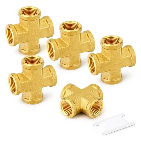Five Pack Brass Cross 4 Way Pipe Fitting One Eighth Inch NPT Female Thread Connector For Plumbing And Air Lines Durable Solid Brass Easy Install Leakproof And Versatile DIY Plumbing Kit