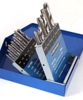 "Drill And Tap Set 18 Piece HSS Jobber Length Bits in Metal Indexed Case open to show taps and drills organized by size."