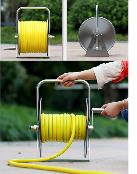 Heavy Duty Retractable Garden Hose Reel Stainless Steel Water Hose Cart with yellow hose and brass fittings, user winding hose.