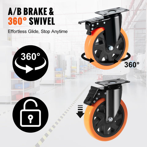 Six Inch Swivel Plate Caster Wheels Set Of Four With AB Locking No Noise PVC Non Marking Wheels for smooth rolling in shop