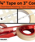 Pro Grade 3/4 Inch Masking Tape, 60 Yard Rolls, 12 Pack on 3 inch core with easy tear adhesive shown on red dispenser