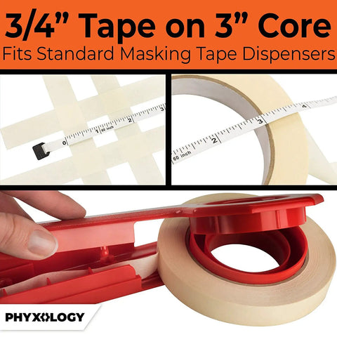 Pro Grade 3/4 Inch Masking Tape, 60 Yard Rolls, 12 Pack on 3 inch core with easy tear adhesive shown on red dispenser
