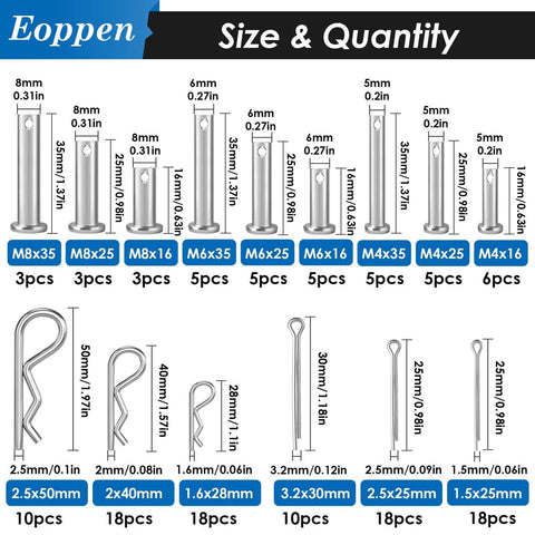 132-Piece Clevis Pin, Cotter Pin, And Hair Pin Set With 304 Stainless Steel, 15 Sizes, Zinc-Plated Flat Head Pins And R Clips
