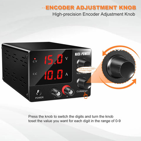 Variable DC Power Supply 0-30V 0-10A, 150W Bench Power Supply With Encoder And 3-Digit LED Display, showing encoder adjustment knob