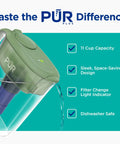 Lead-Reducing 11-Cup Water Pitcher With Advanced Filtration For Cleaner, Great-Tasting Water, Dishwasher Safe Design, Filter Change Light Indicator, LockFit Cap, NSF And WQA Certified, Sage Finish with PUR branding.