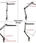 Adjustable design of Go To Metal Adjustable Swing Arm Desk Lamp with Clamp showcasing arm movement angles and positions.