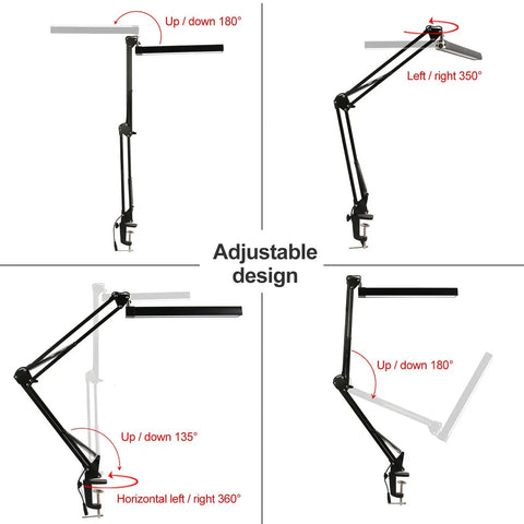 Adjustable design of Go To Metal Adjustable Swing Arm Desk Lamp with Clamp showcasing arm movement angles and positions.