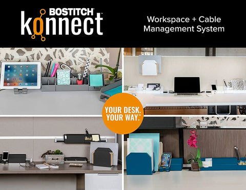 Bostitch Konnect workspace and cable management system shown organizing office desks with tablets, documents, and accessories.