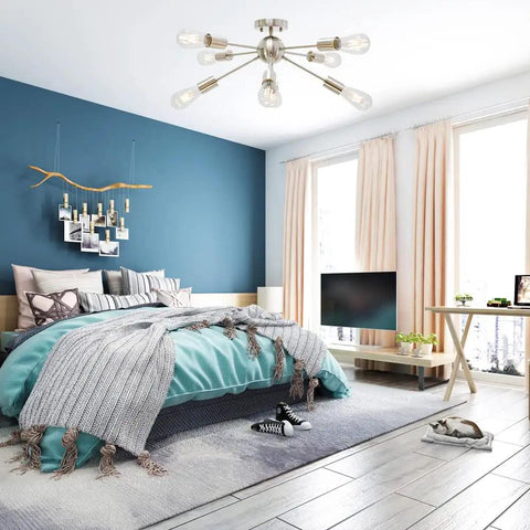 Bedroom with Ultra Sleek 8 Light Sputnik Chandelier In Brushed Nickel Semi Flush Mount Ceiling Light installed