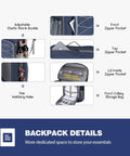 35 Can Leakproof Insulated Cooler Backpack details with pockets, buckles, and compartments labeled for organization, blue color