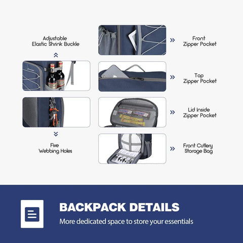 35 Can Leakproof Insulated Cooler Backpack details with pockets, buckles, and compartments labeled for organization, blue color