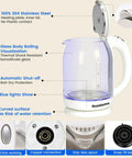 2.0L Electric Kettle With All 304 Stainless Steel And No Plastic Contact Borosilicate Glass Window For Visual Boiling Auto Shut Off 360 Degree Swivel Base LED Blue Light Rapid Boil Perfect For Tea And Coffee