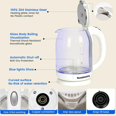 2.0L Electric Kettle With All 304 Stainless Steel And No Plastic Contact Borosilicate Glass Window For Visual Boiling Auto Shut Off 360 Degree Swivel Base LED Blue Light Rapid Boil Perfect For Tea And Coffee