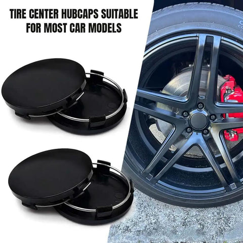 Upscale Black ABS Wheel Center Caps 4 Pack Snap In Rim Hub Covers For Trucks SUVs And Sedans OD 60MM ID 56MM on display with black rim.