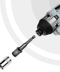 9 Piece Socket Adapter Extension Set With Quarter Inch Hex Shank attached to impact driver and drive socket