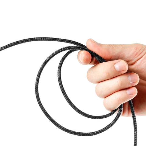 Hand holding braided cord from 96ft Braided Cable Sleeve Kit With 6 Expandable Sleeves And 127 Heat Shrink Tubes For Audio Video Cables