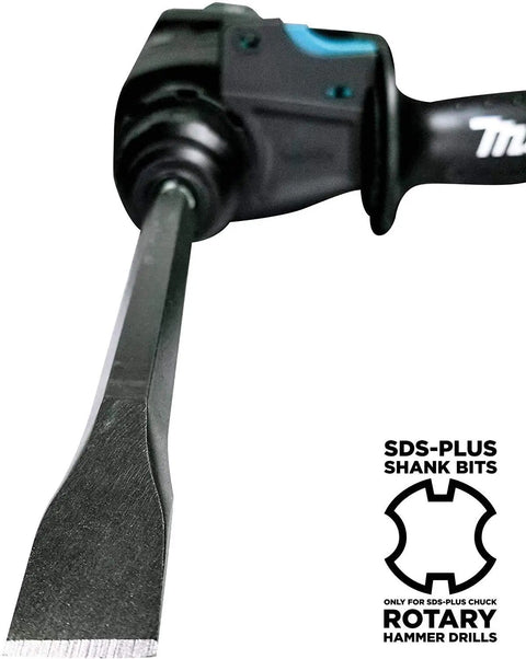 Close-up of 10 inch flat chisel from 3 Piece SDS Plus Chisel And Point Bit Set For Rotary Hammers, Aggressive Concrete And Tile Demolition.