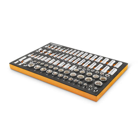 85 Piece Three Eighth Inch Drive Master SAE Socket Set in Foam Tray, showcasing 6 and 12 point standard and deep sockets.