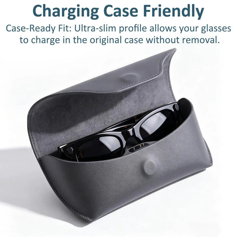 Adjustable LED Light Blocking Covers For Meta Glasses That Block Light And Cut False Alerts, shown in black charging case