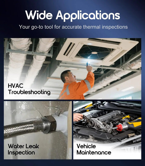 Image showing HVAC troubleshooting, water leak inspection, and vehicle maintenance applications for the Handheld Thermal Imaging Camera With 240x240 High Resolution IR Sensor, 25Hz Frame Rate, Temperature Alarm, Wide Minus 4F To 1022F Range, 50 Degree Field Of View, Portable Heat Vision For Inspections And DIY For Pros.