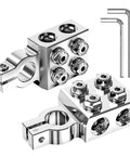 Rig Ready 8 Way Battery Terminal Connector Pair With Positive And Negative Posts Featuring Four Direct Wire Ports Plus M8 Studs from the side with hex nuts.