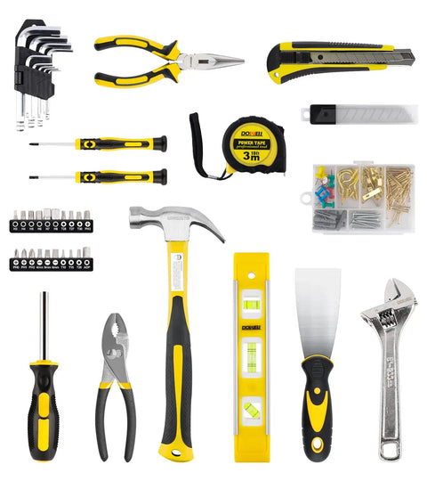 146 Piece Homeowner Tool Set With 14 Inch Wide Mouth Open Storage Tool Bag, A Must Have DIY Hand Tools Kit Including Pliers, Adjustable Wrench, Magnetic Screwdriver Holder, Bits, Utility Knife, Tape Measure And More.