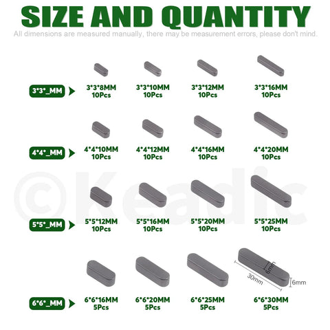 Keadic carbon steel feather keys set, 140 pcs; parallel shaft keys 3x3mm–6x6mm, lengths 8–30mm (Amazon).