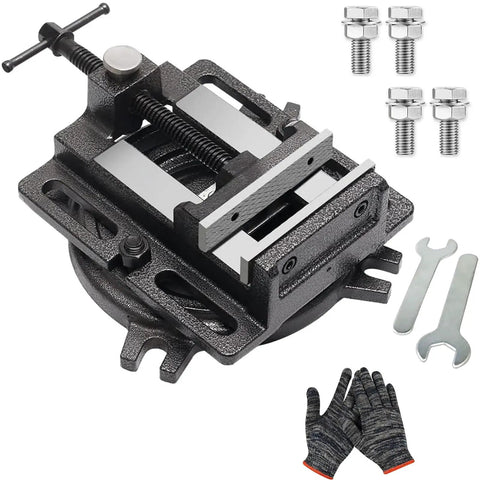 Beefy 4.2 Inch Quick Release Workbench Vise Clamp with 110 Degree Swivel Base, cast steel, tools, bolts, and gloves included.