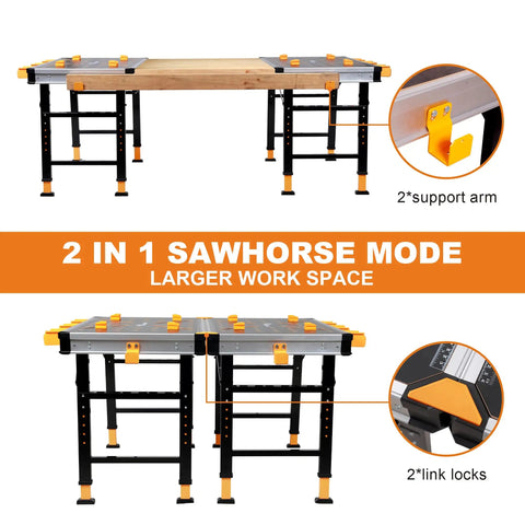 Beefed Up Folding Work Table With A Rock Solid One Thousand Pound Load Rating And Five Step Height Tweaks Featuring A Full Docking Grid two support arms and link locks in sawhorse mode.