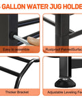 Details of Heavy Duty 5 Gallon Water Jug Rack No Nonsense Detachable 5 Tier Double Row Stand with assembly and leveling features.