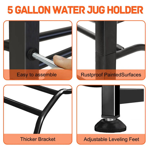 Details of Heavy Duty 5 Gallon Water Jug Rack No Nonsense Detachable 5 Tier Double Row Stand with assembly and leveling features.