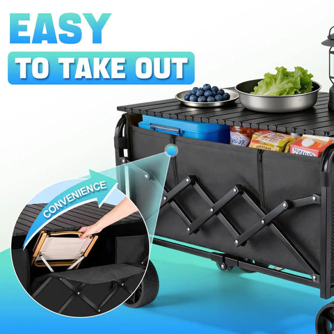 500 Pound All Terrain Collapsible Wagon With Foldable Table featuring swivel wheels and storage, showing easy access compartment.
